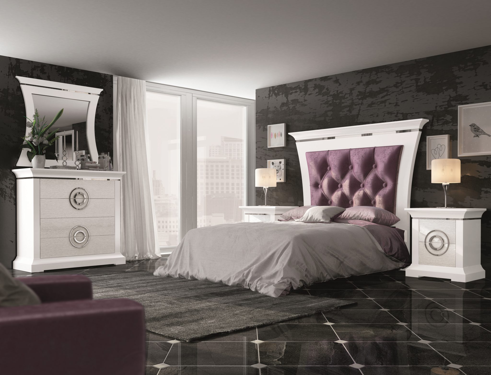 GRP-SPJ Dormitorio PREMIUM - Lacado Blanco, Roble Patinado Gris, Cromo y Brunei 29 Lila (Página 34 - Variante 06) ALTA